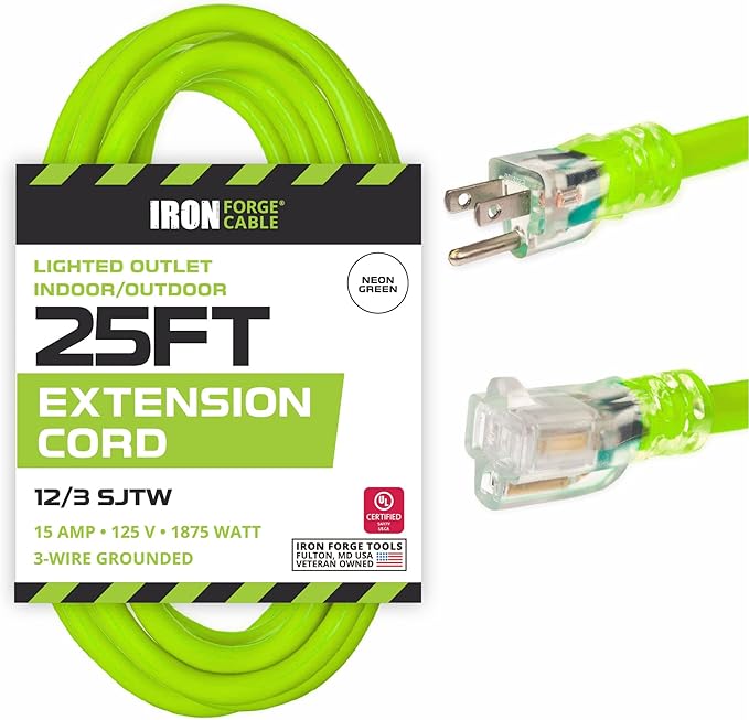 Iron Forge Cable Weatherproof 25 Ft Outdoor Extension Cord Neon Green - 12/3 SJTW 15 Amp Heavy Duty Light Green High Visibility Cable with 3 Prong - Lighted End