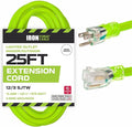 Iron Forge Cable Weatherproof 25 Ft Outdoor Extension Cord Neon Green - 12/3 SJTW 15 Amp Heavy Duty Light Green High Visibility Cable with 3 Prong - Lighted End