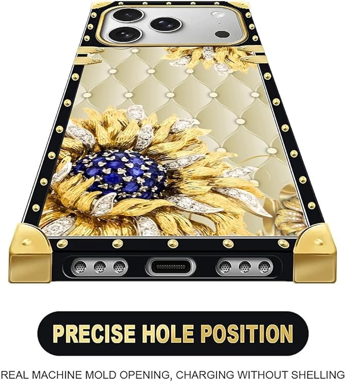 for iPhone 17 Pro Max Case Luxury Golden Decoration for Girl Women Soft TPU Shockproof Protective Hard PC Back for iPhone 17 Pro Max Crazy Pattern Sunflower Diamonds Leather