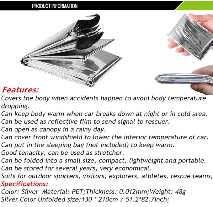 Emergency Mylar Thermal Blankets, Space Blanket Survival kit Camping Blanket, Windproof & Waterproof Shield, High-Visibility Rescue Signal (Pack of 6)