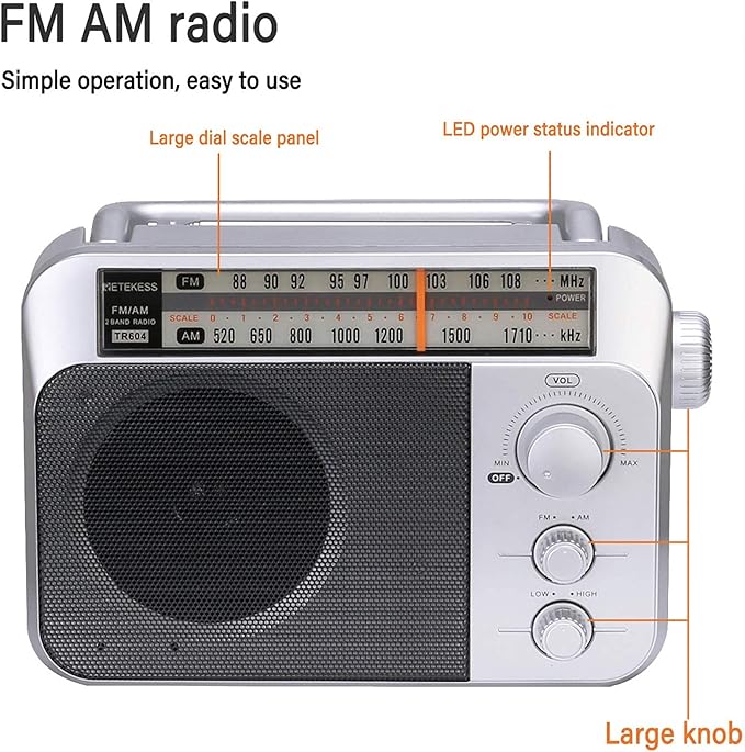 Retekess TR604 AM FM Radio Portable Transistor Analog Radio with 3.5mm Earphone Jack Battery Operated Boombox by 3 D Cell Batteries or AC Power (Silver, AM FM)