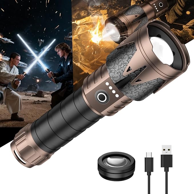 SKYFIRE Rechargeable Flashlight with Ignition Lens&Lightsaber, 3000lm Super Bright Tactical Flashlight Zoomable Waterproof LED Flash Light for Camping Essentials,Outdoor,Home Emergency-Upgraded