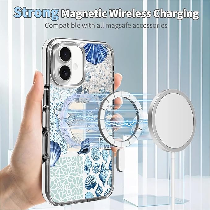 Case for iPhone 16,[Compatible with MagSafe],Sea Life Ocean Waves Seashell Collage Phone Case Design，for Women Girls Magnetic Clear Cover - Slim, Sleek, & Shockproof Protection