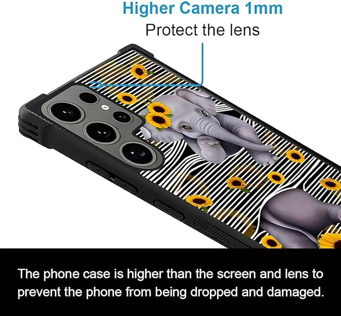 for Samsung Galaxy S24 Ultra Case, Cute Little Elephant Sunflower White Line Art Pattern Graphic Design Soft Silicone Hard Acrylic Shock Protection for Samsung Galaxy S24 Ultra