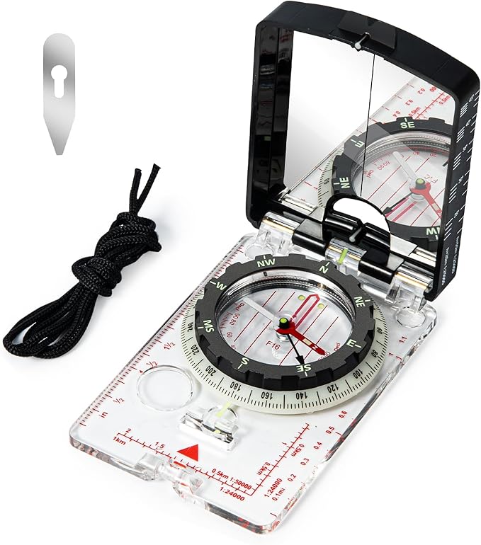 Orienteering Compass with Sighting Mirror - Adjustable Declination for Hiking & Backpacking - Reliable Emergency Backup for Scouts & Beginners