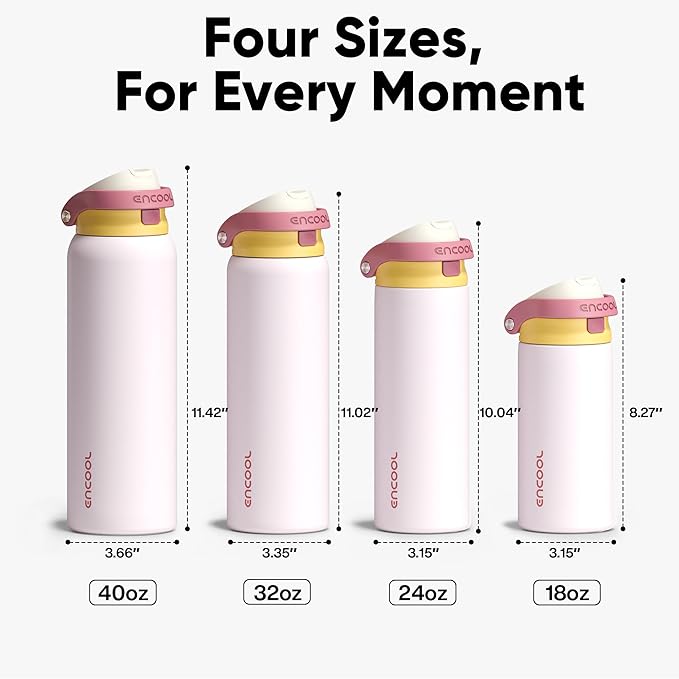 ENCOOL Leakproof Insulated Water Bottle with Straw Dual-Sip Water Bottle Bag-Safe Design for Work, Commute & Gym – Keeps Drinks Cold All Day, 18 oz, Blush Pink