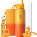 Water Bottle 40 oz Insulated with Straw&Brush, Coolflask Vaccum Stainless Steel Metal 3 Lids Water Flask for Sports, Gym or Office, Keep Cold 48H Hot 24H, Ombre Yellow/Orange