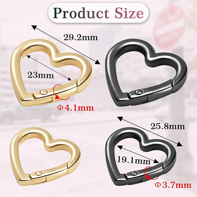 4pcs Heart Carabiner Keychain Clip, Metal Spring Heart Rings Hook Key Ring Carabiner Clips for Purse Bag Charms Backpack Strap Dog Tags Hang Water Bottle Paracord Keychain Lanyard(Gold Black)