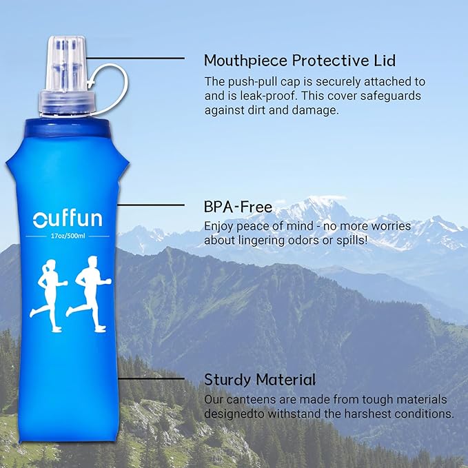 2 Pack Soft Water Bottle, TPU Collapsible Flask Foldable Bottles for Hydration Pack, BPA-Free, Running Lightweight Water Bottle for Outdoor Sports like Hiking Cycling Climbing Running (17OZ/500ml)