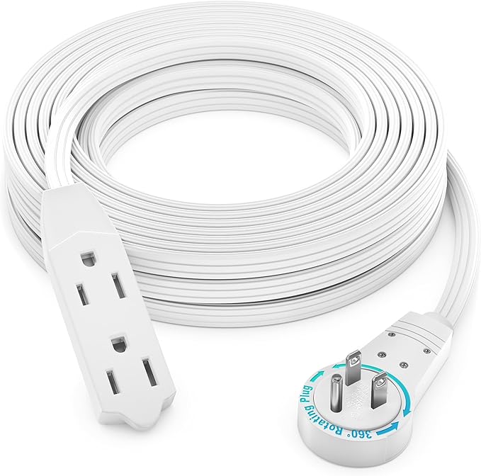 Maximm Cable 35 Ft 360° Rotating Flat Plug Extension Cord, 16/3 AWG Multi 3 Outlet 3-Prong Grounded Wire- White - UL Certified