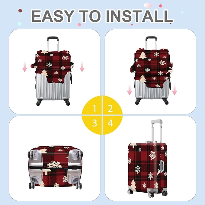 ANNA QUEEN Christmas Plaid Luggage Cover, Red and Black Check Suitcase Protector with Snowflake and Tree Pattern, Stretchable Washable Travel Sleeve for 32-34 Inch Luggage