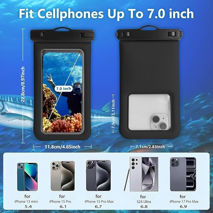 Floatable Waterproof Phone Pouch Case 2 Pax for iPhone 17 16 Pro Max/15/14/13/12, IP68 Travel Cellphone Dry Bag Beach Cruise Ship Essentials Bags with Crossbody Lanyard,Black and White-7″