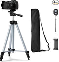 Amazon Basics 50" Lightweight Tripod for Camera and Phone with Travel Bag, Remote Control and Phone Holder, Height Adjustable, Aluminum, Silver