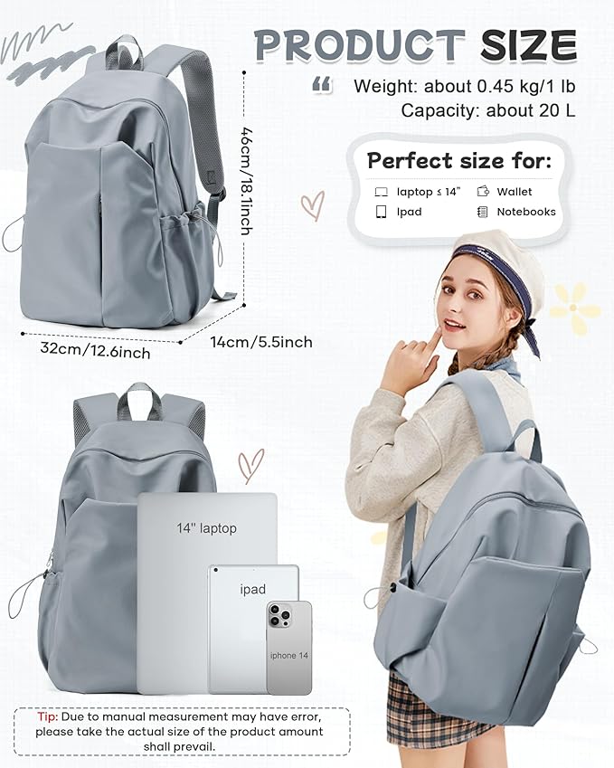 Small Backpack for School Girls Kids Women, Waterproof Bookbag Cute High School Backpack for Men Teen Boys, Lightweight College Back Pack Mochilas Escolares para Casual Daypack Rucksack Grey Blue