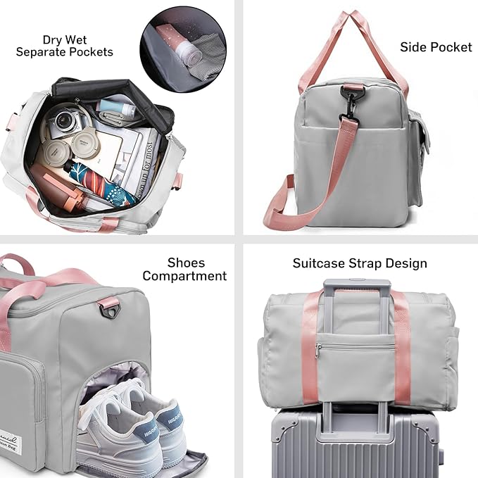 Suruid Travel Duffel Bag with Shoes Compartment Sports Gym Bag with Dry Wet Separated Pocket for Men and Women, Overnight Bag Weekender Bag Training Handbag Yoga Bag - Gray Pink