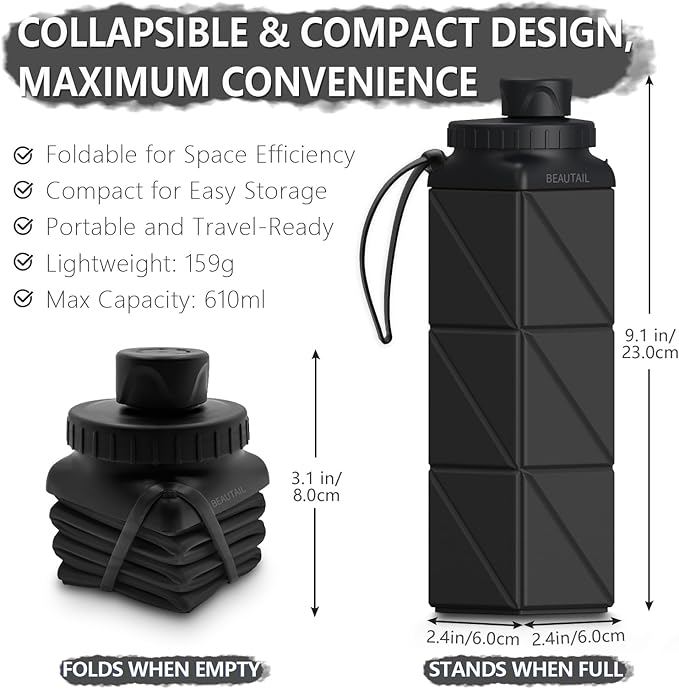 BEAUTAIL Collapsible Water Bottles, Silicone Foldable Water Bottle 610ml, Portable Lightweight Reusable Leakproof Bottle for Gym Travel Camping Hiking Sports Outdoor, 2 Pack, Black+Blue