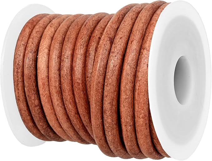 GENIQUE Real/Genuine Round Leather String Cord for Necklace, Bracelets, Jewellery, Braiding (Light Brown Distressed, 5mm)