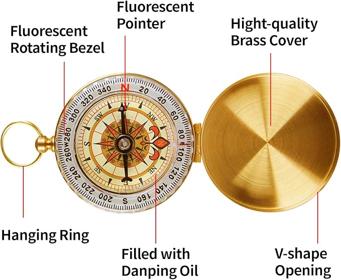 Brass Pocket Compass with Luminous Dial, Golden Vintage Pocket Watch Style Compass, Sports Waterproof Navigation Maganetic Compass with Key Ring for Outdoors Camping Hiking Survival