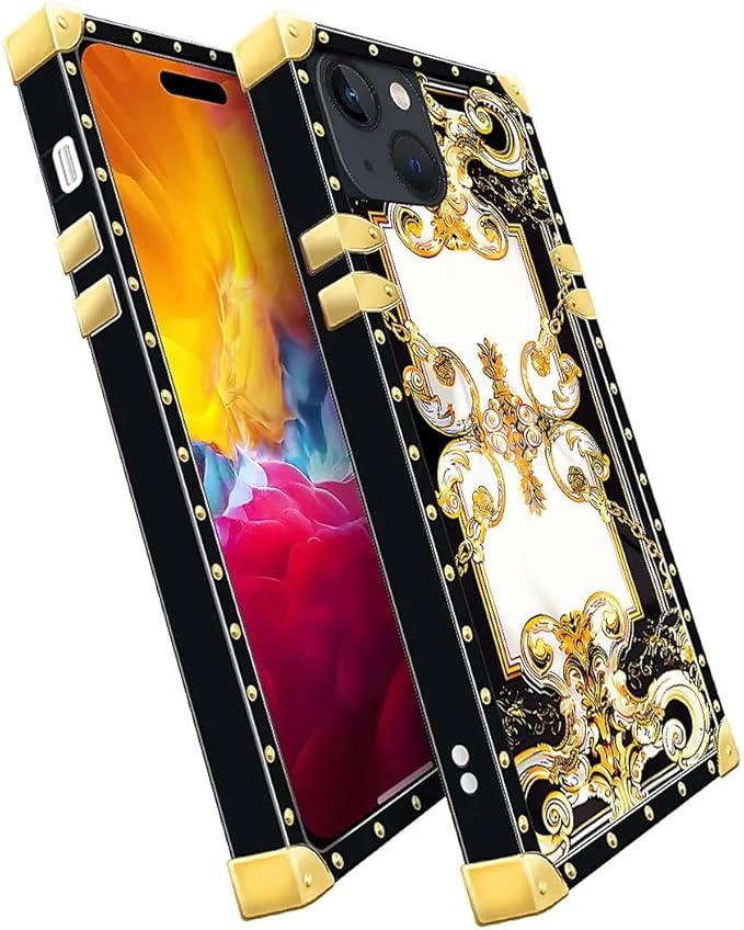 Compatible with iPhone 15 Case, Gold Grain Flowers Luxury Golden Decoration for Girl Women Soft TPU Shockproof Protective Hard PC Back for iPhone 15