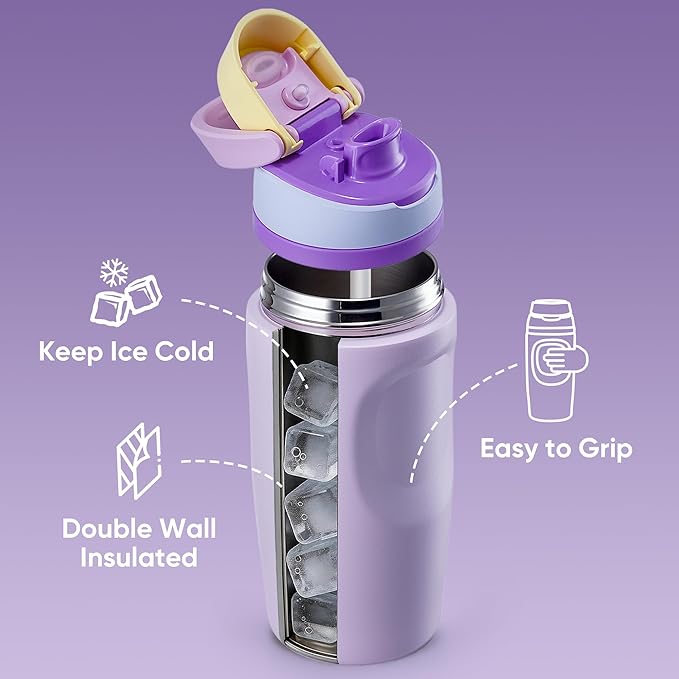 Fijinhom 16 oz Insulated Water Bottle,Stainless Steel Sports Water Bottle with Straw, Double Wall Vacuum Leak Proof, Cold for 24 Hours, BPA Free for Travel, Sport, Outdoor, Purple
