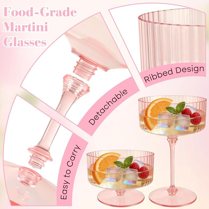 PLULON 24 Pcs Pink Champagne Martini Glasses Set 10 Oz Plastic Ribbed Coupe Cup, Cocktail Glasses Champagne Cup Tower Vintage Margarita Glassware for Clubs Gifts Wedding Bachelor Party Outdoor Events