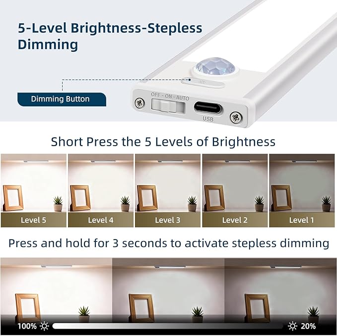 14inch Under Cabinet Lighting, 4 Pack Rechargeable Motion Sensor Light Indoor, Wireless Dimmable Magnetic Closet Lights, 58 LED Under Counter Lights for Kitchen, Wardrobe, Stairs, White Light
