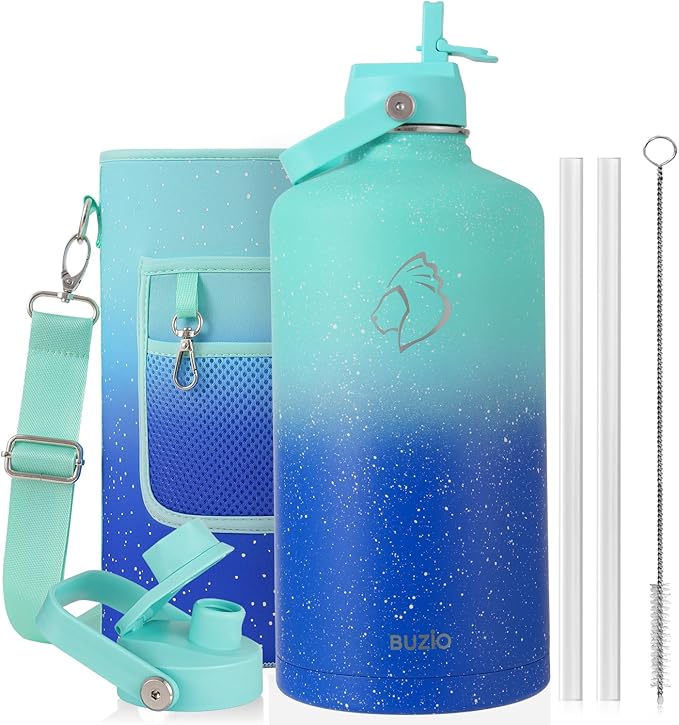 BUZIO 1 Gallon Water Jug with Straw Lid, 128oz Water Bottle Stainless Steel Triple Wall Hydro Jug 18/8 Food Grade Thermo Mug Keep Cold 48H & Hot 24H, Starry Gradient Blue