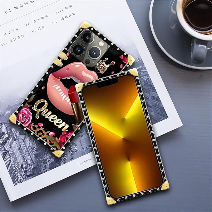 Compatible with iPhone 13 Pro Case, Glitter Red Rose Queen Leopard Lipstick Luxury Golden Decoration for Girl Women Soft TPU Shockproof Protective Hard PC Back for iPhone 13 Pro