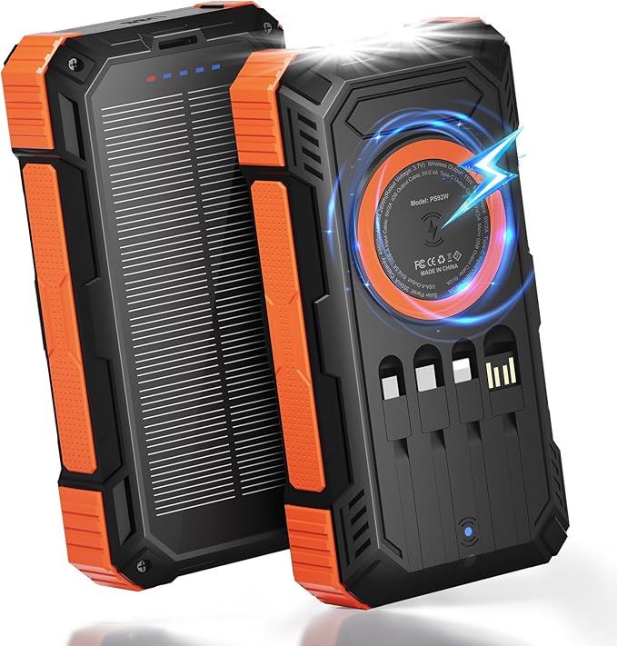 ERRBBIC Solar Charger Power Bank 49800mAh, 22.5W Portable Charger, 15W Wireless Charging, Solar Panel Charger, Built-in Four Cable, with USB C for Cell Phones, with Dual Flashlight for Camping