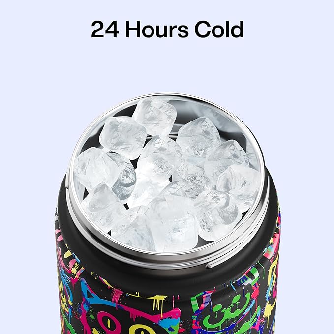 ENCOOL Insulated Water Bottle with Straw Stainless Steel Water Bottle, Leak-Proof, BPA-Free, Double Wall Vacuum Keeps Cold for 24 Hours for Sports, Travel, School (26 oz, Neon Smiley)