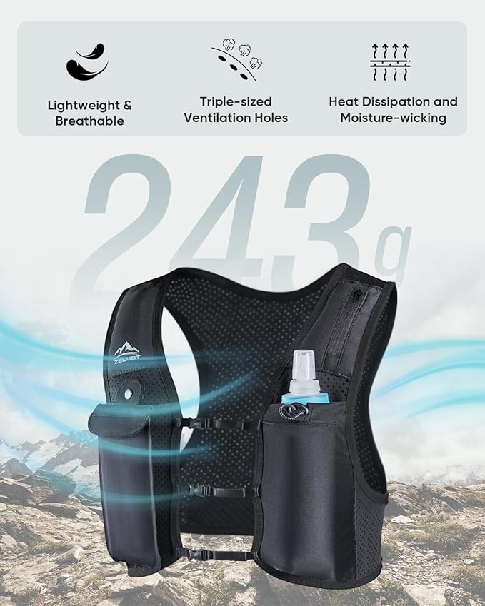 Zelvot Running Vest for Women Men, USA Original Patent, Adjustable Chest Straps Running Hydration Vest with 500ml Soft Flask, Lightweight Reflective Hydration Backpack for Marathon