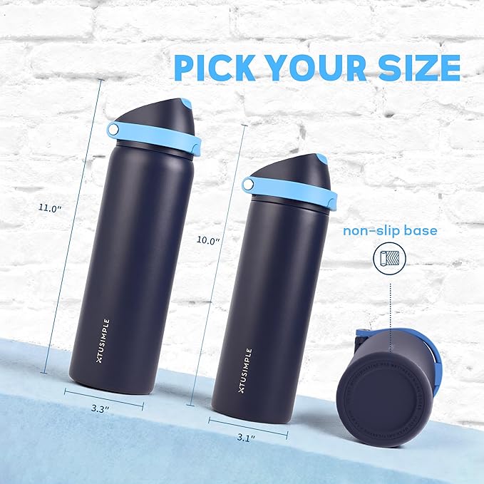 24 oz Stainless Steel Water Bottle with 2-in-1 Quick Flip Straw and Push Button Spout Lid, Fits Car Cupholder, Triple Walled Vacuum Insulated Metal Leakproof, for Gym, Hiking, Trip, Blue