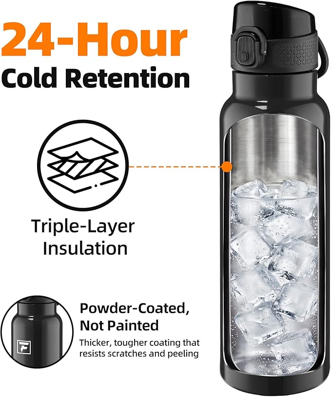 Fanhaw Daylite Series 24 oz Stainless Steel Insulated Water Bottle with Silicone Spout Lid, Double-Wall Vacuum Leakproof Metal Bottle, Anniversary Birthday Gift for Kids, Women & Men (Glossy Black)