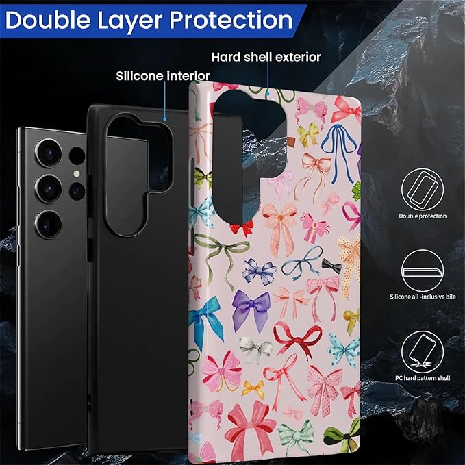 for Samsung Galaxy S23 Ultra Case,HL2 Aesthetic Color Bow Tie Hybrid 2 Layer Hard Shell Silicone Protective Pattern Design Case