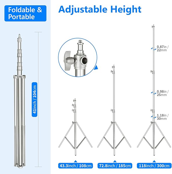 Neewer 118"/3m Stainless Steel Light Stand, Spring Cushioned Heavy Duty Photography Tripod Stand with 1/4” to 3/8” Universal Screw Adapter for Strobe, LED Video Light, Ring Light, Monolight, Softbox