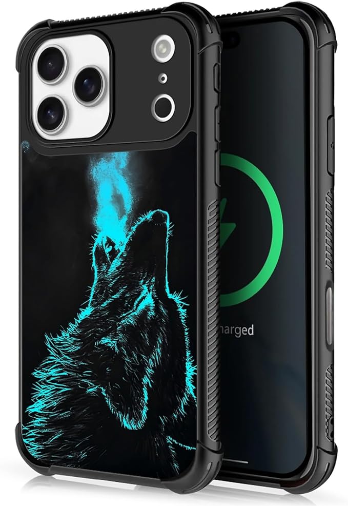 for iPhone 17 Pro Max Case,for MagSafe Graphic Design for Girl Boy Soft Silicone Hard Acrylic Shock Protection Designed for iPhone 17 Pro Max Blue Breathing Wolf Pattern