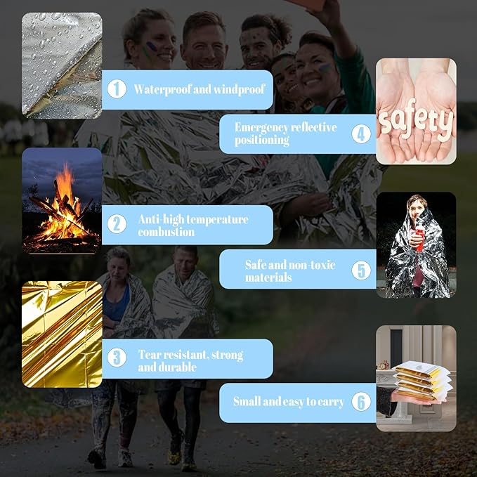 Emergency Mylar Blanket 5-Pack, Thermal Survival Blankets, Reflective Foil blanket Silver and Gold, 82'' x 63'' Gigantic Space Blanket. Suitable for First Aid, Outdoors, Camping, Auto Emergency Use