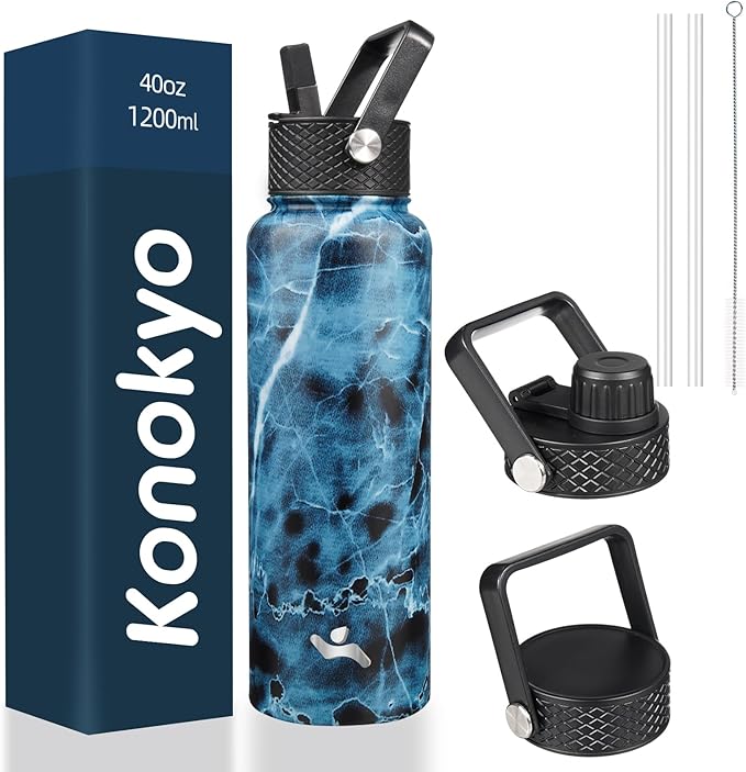 Konokyo 40oz Insulated Water Bottle Stainless Steel Sport Bottles with 3 Lids,Marble Ocean