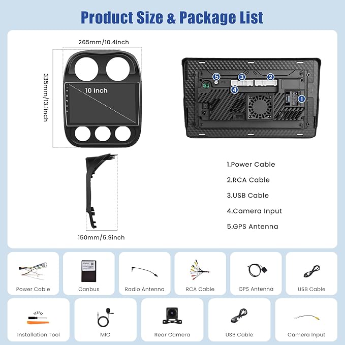 [8Core 6G+128G] Android 15 Car Radio for Jeep Compass Patriot 2010-2016 with Wireless Carplay Android Auto, 10 Inch HD Touchscreen Car Stereo with WiFi GPS Bluetooth5.0 FM/RDS 32EQ SWC