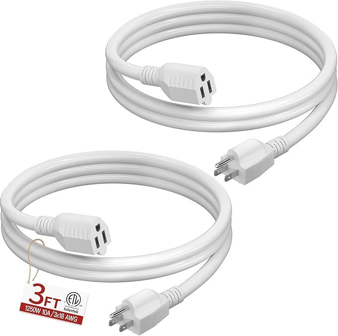 16/3 Short Extension Cord 3 FT 2 Pack, White Extension Cord Flexible & Durable, Indoor 3 Prong Power Cable, Suitable for Home and Office, 13 Amp 1625 Watt 125VAC 16AWG, ETL Listed