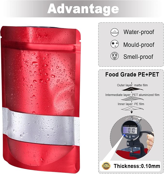 7.1"x10.2" 1 Quart 120pcs Mylar Bags for Food Storage,Smell Proof Bag with Matte Window Resealable Food Storage Bags for Small Business, Stand-up Foil Pouch Packaging Freeze Dried Candy Bag（Red）