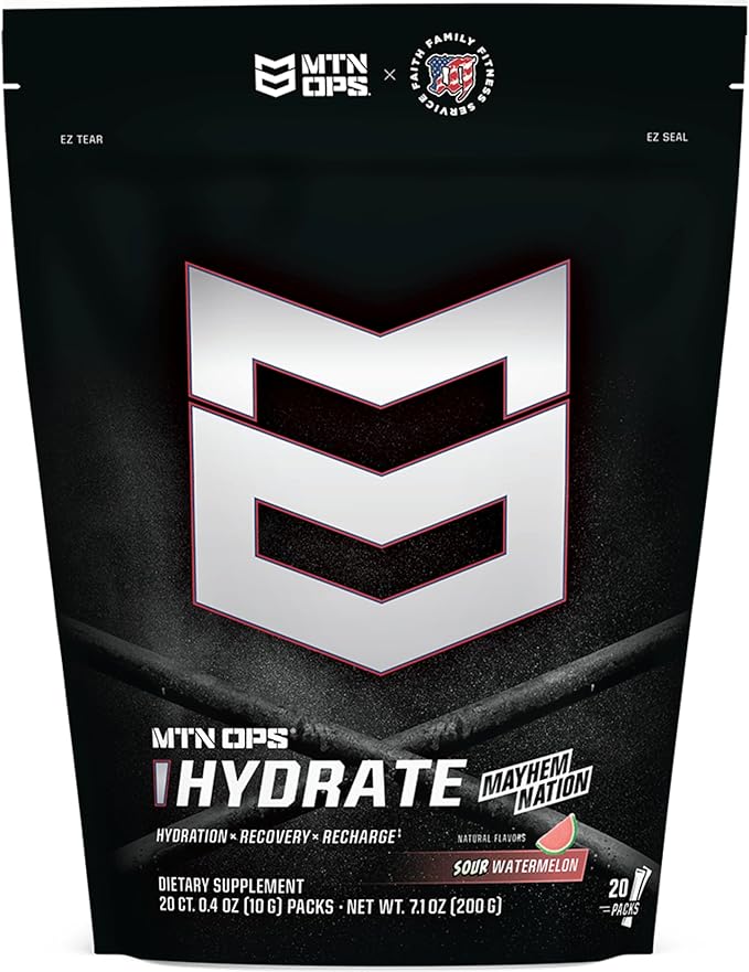 MTN OPS Hydrate Low Sugar Electrolyte Powder Drink Mix with 1g D-Ribose Sugar, 1000mg Electrolytes, On-The-Go Packs, 20 Stick Packs, Sour Watermelon