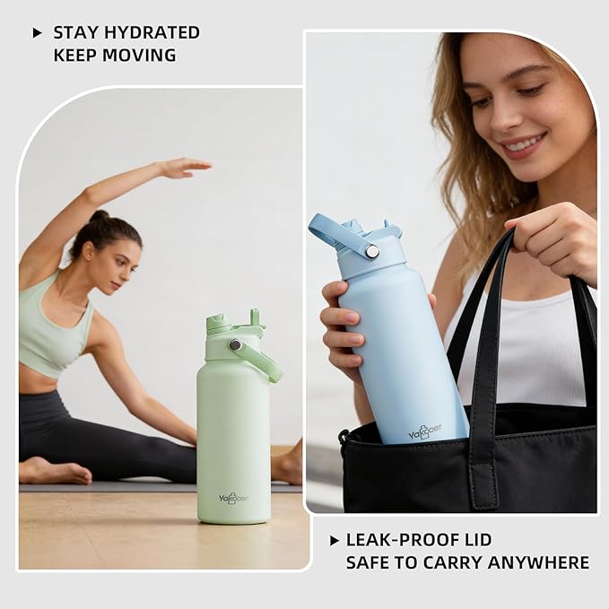 32oz Insulated Water Bottle with 2-in-1 Straw and Spout Lid, 304 Stainless Steel Water Bottle Keep Cold for 24H,Leak-Proof,Sports Water Bottle with Braided Carry Strap for Travel, Moss Green