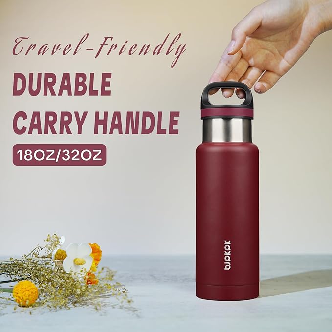 BJPKPK Insulated Water Bottle 18OZ Stainless Steel Water Bottle with Handle Double Walls Vacuum Insulated BPA Free Flask, Deep Red