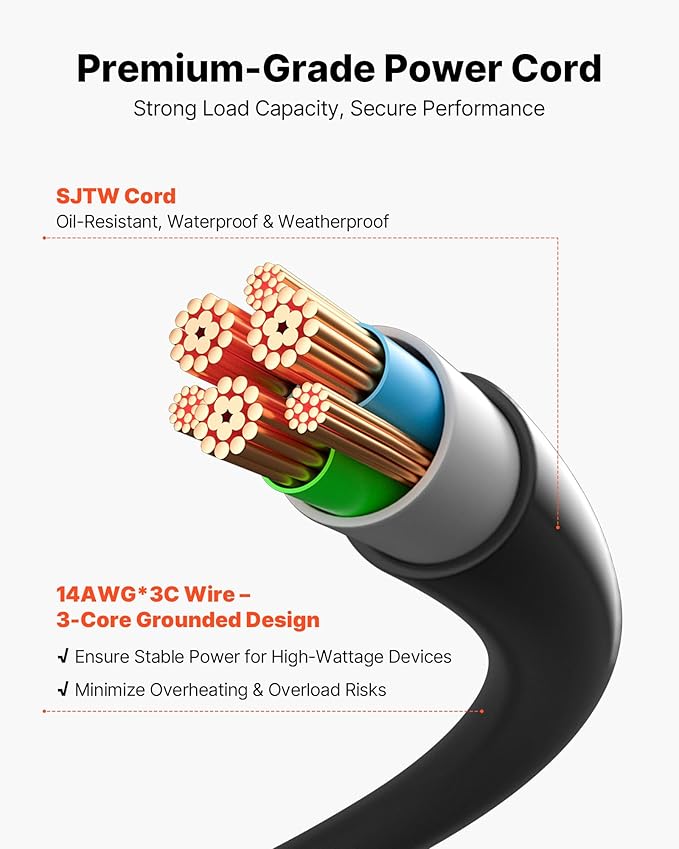 VEVOR Outdoor Power Stake Waterproof, 100 FT Extension Cord, Outdoor Power Strip, Weatherproof with Cover and Overload Protection, 6 Outlets, 13A/1625W for Halloween/Christmas Lights Decorations