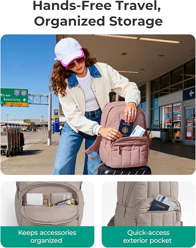 BAGSMART Womens Backpack Travel Laptop Backpack for Women, Quilted College Laptop Bookbag, Work Back Pack for Women, Cute Computer Water-Resistant Casual Daypack, Puffer Beige