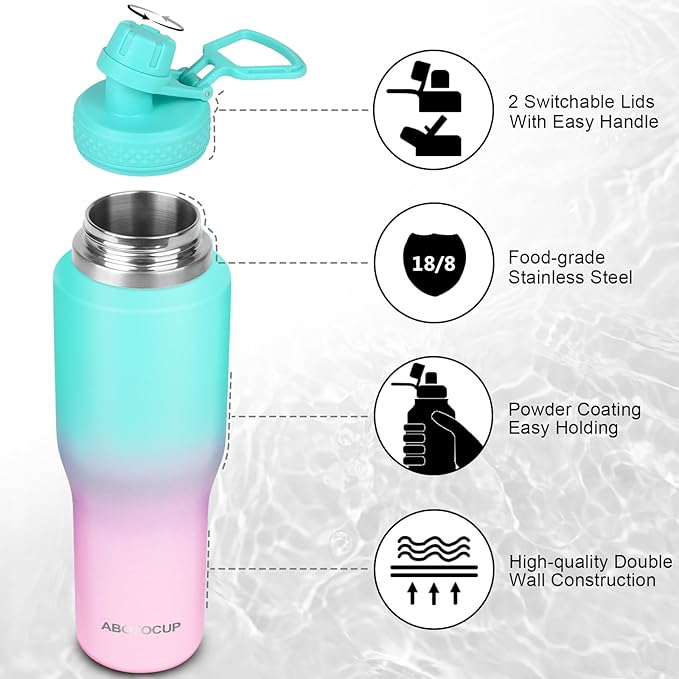 ABOTOCUP 32oz Insulated Water Bottle, Fit in Any Car Cup Holder, Water Bottle with Straw Lids, Stainless Steel Insulated Water Flask Double Wall Leak-proof BPA Free to Keep Cold&Hot