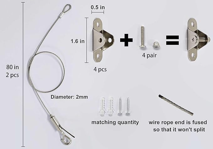2 Sets Adjustable Hanging Wire Kit, Stainless Steel Multipurpose Suspension Wire Cable with Hook, Heavy Duty Anchor for Furniture, Light, Lamp, Picture, Mirror Secure to Wall or Ceiling, 80in