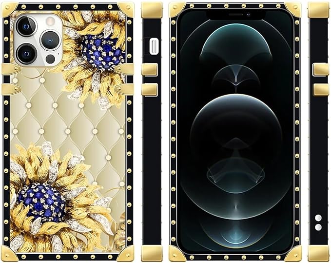 Compatible with iPhone 12 Pro Max Case, Sunflower Diamonds Leather Luxury Golden Decoration for Girl Women Soft TPU Shockproof Protective Hard PC Back for iPhone 12 Pro Max