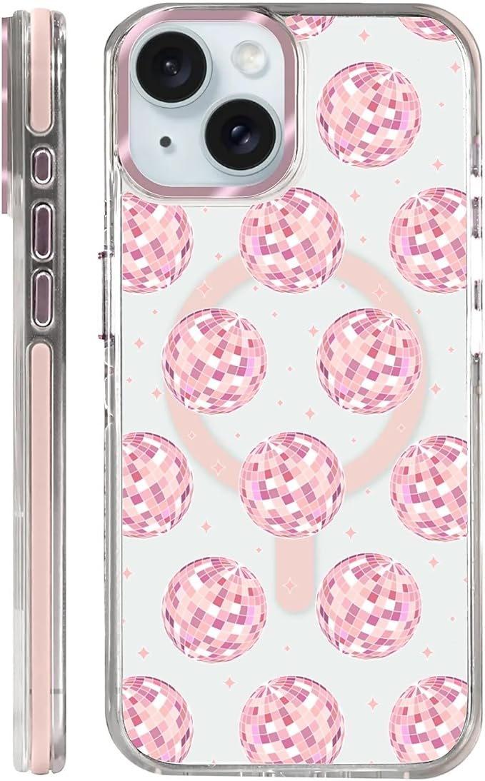 Case for iPhone 14 Plus/15 Plus,[Compatible with MagSafe],Disco Balls Pink Phone Case Design，for Women Girls Magnetic Clear Cover - Slim, Sleek, & Shockproof Protection